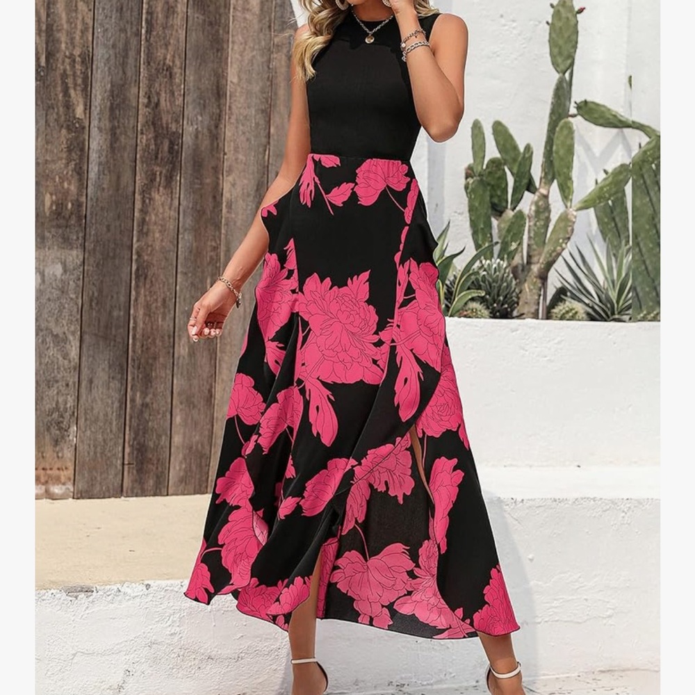 Elegant Black and Pink Floral Maxi Dress
